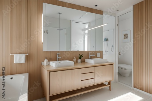 7. Bathroom design consisting of modern white and brown wood, neat faucet and bright light. 