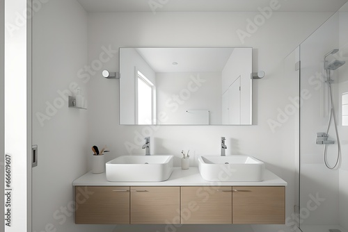 Bathroom design consisting of modern white  neat faucet and bright light. 