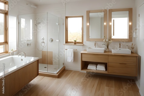 3. Bathroom design consisting of modern white and brown wood  neat faucet and bright light. 