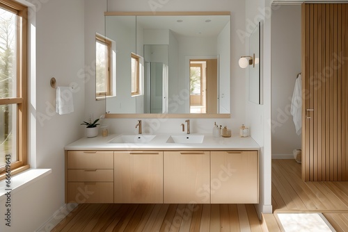 2. Bathroom design consisting of modern white and brown wood  neat faucet and bright light. 