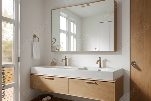 1. Bathroom design consisting of modern white and brown wood  neat faucet and bright light. 