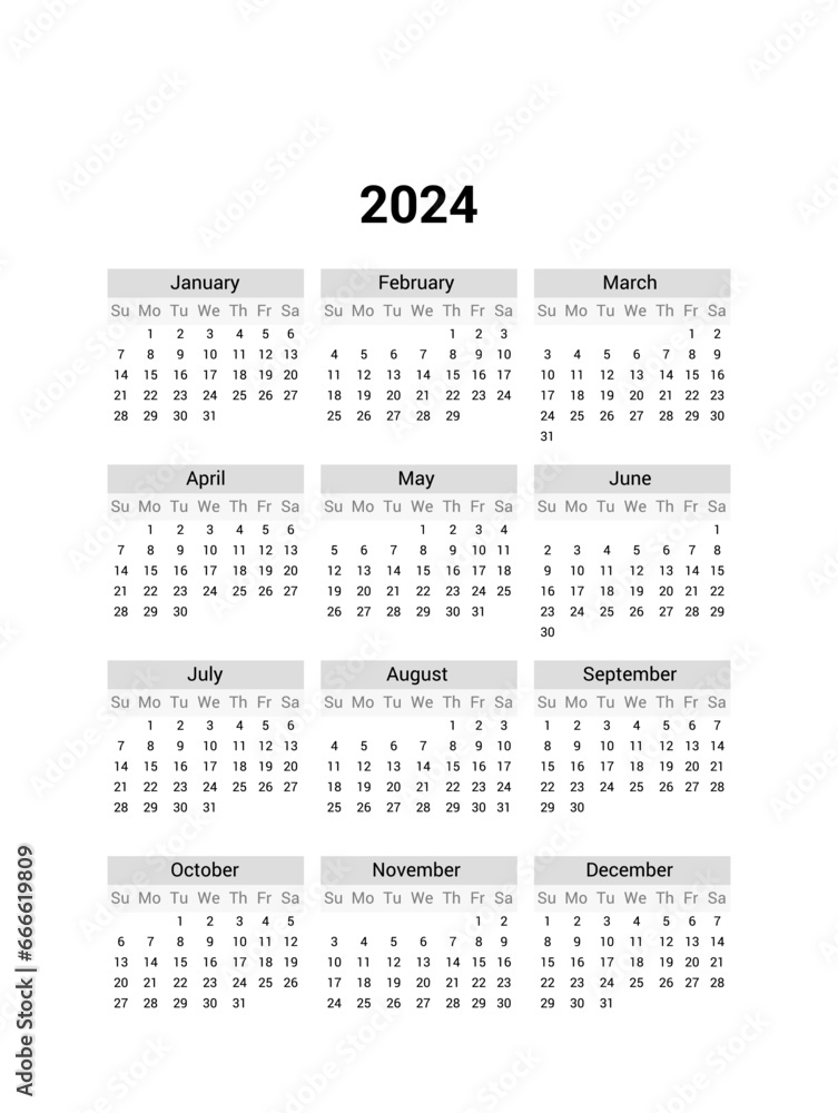 Calendar 2024, 2025, 2026, 2027 week start Sunday design template for your business. Vector illustration Calendar 2024, 2025, 2026, 2027 week start Sunday design template for your business. Vector illustration