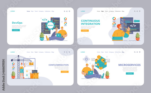 DevOps web banner or landing page set. Software development methodology