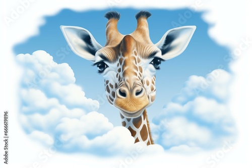 Giraffe on cloud, head above clouds. Blue-framed, white background with blue border. Generative AI