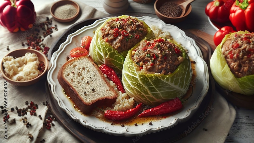 Rustic Stuffed Cabbage Dinner - AI generated Illustration, realistic
