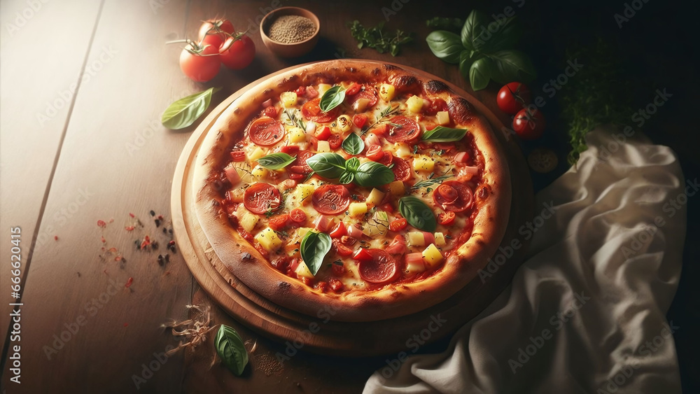 Italian Pizza on Wooden Board - AI Generated Illustration, realistic

