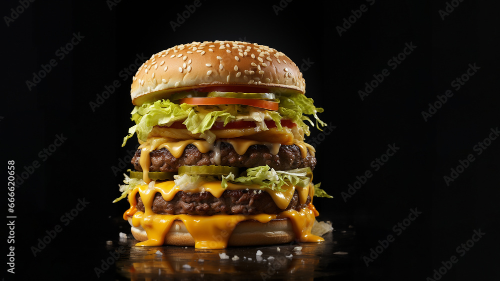 Φωτογραφία Rießiger leckerer Burger mit vielen Schichten Nahaufnahme für Poster, ai generat