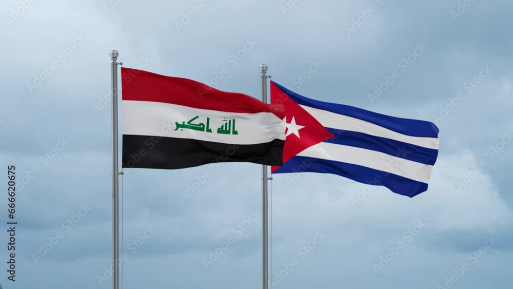 Cuba and Iraq flag waving together on cloudy sky, endless seamless loop, two country cooperation concept Cuba and Iraq flag waving together on cloudy sky, endless seamless loop, two country cooperation concept