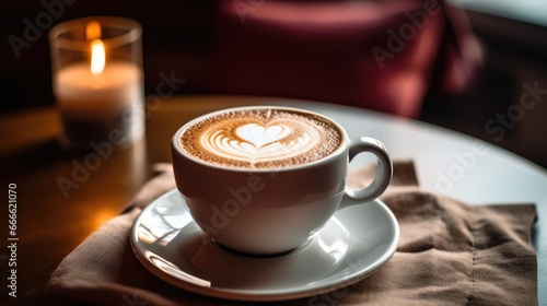 a cup of latte in a cozy cafe blurred background