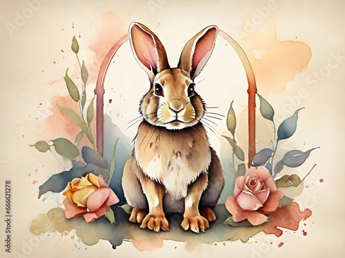 Watercolor Rabbit and Colorful with Flowers. Generative AI