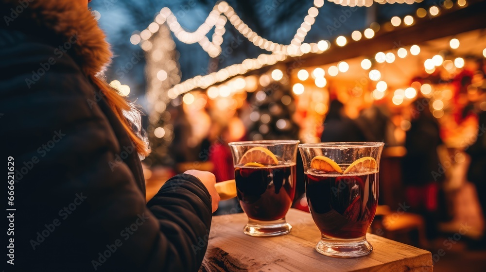 Obraz na płótnie Christmas market and drinking mulled wine, Christmas party w salonie
