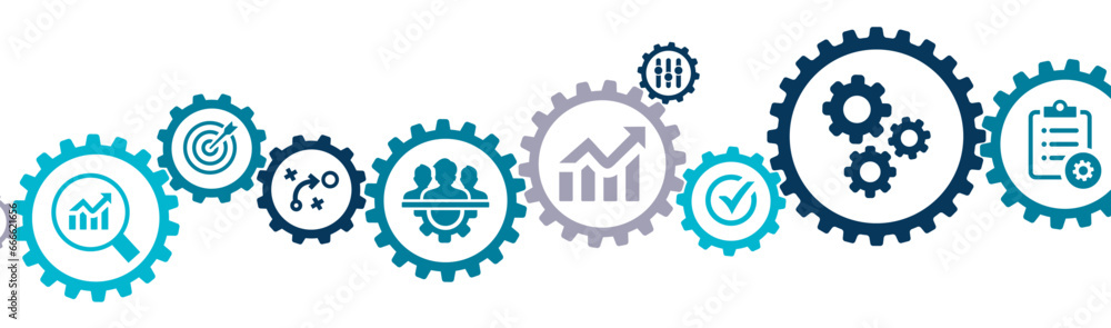operation management banner vector illustration with the icons of business process, workflow, problem solving, high performance, monitoring, evaluation, quality control on white background - obrazy, fototapety, plakaty 