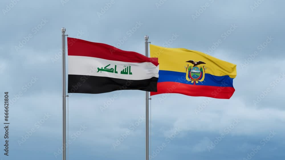 Ecuador flag and Iraq flag waving together on cloudy sky, endless seamless loop, two country relations concept Ecuador flag and Iraq flag waving together on cloudy sky, endless seamless loop, two country relations concept