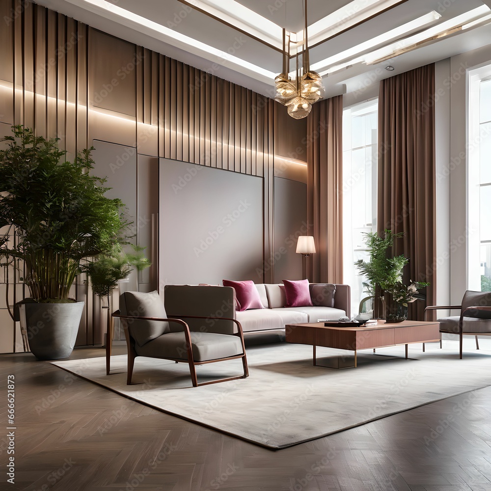 Fototapeta premium 13. a conference room and office in a hotel. Meeting room interior design with sofa, table, desk, and wine. Generative AI