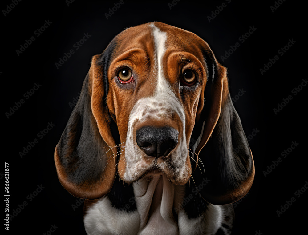 Portrait eines Basset Hounds vor schwarzem Hintergrund, Hund, erstellt mit generativer KI