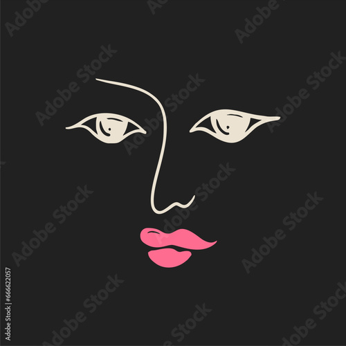 Bright retro poster, black background. Vintage cartoon style, linear drawing of a face. Retro style, hand drawn illustration.