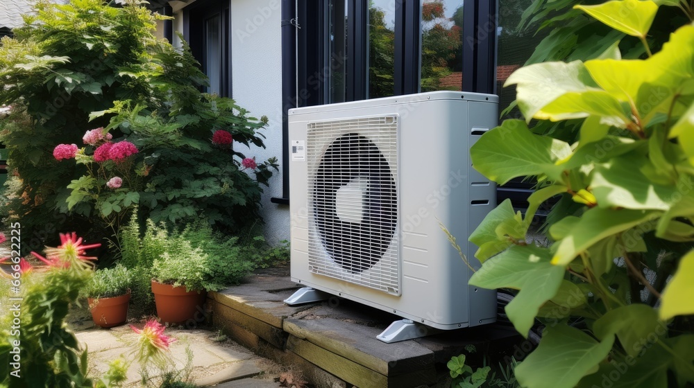 Heat pump installed in a residential building. Clean and green energy Heat pump installed in a residential building. Clean and green energy