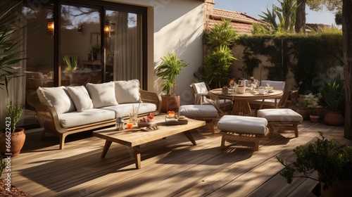 Cozy patio area with garden furniture.