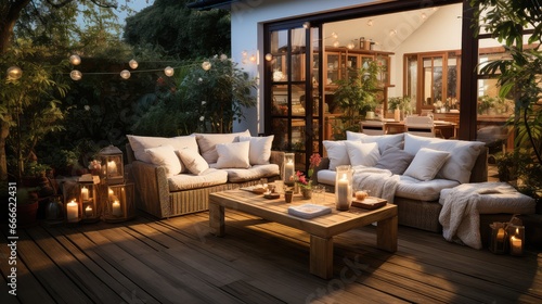 Cozy patio area with garden furniture. © Suwanlee