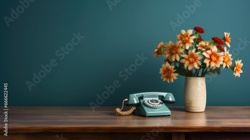 A vintage telephone with a bouquet of flowers on a blue background wall