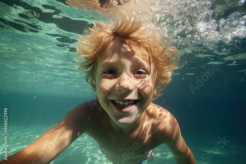 Blond boy dives underwater