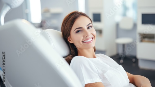 smiling woman sitting in a dentist's chair