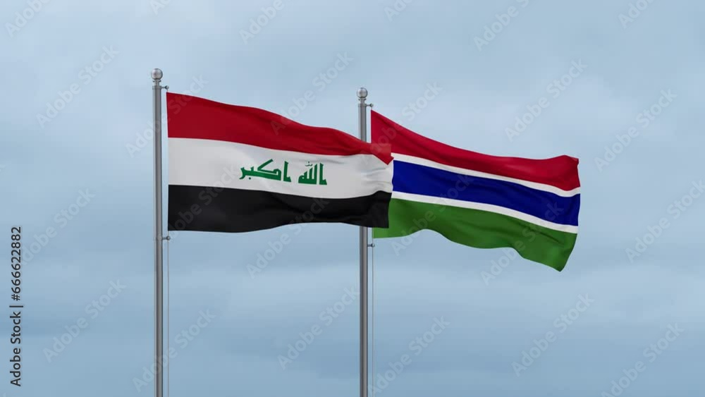 Gambia flag and Iraq flag waving together on cloudy sky, endless seamless loop, two country relations concept Gambia flag and Iraq flag waving together on cloudy sky, endless seamless loop, two country relations concept