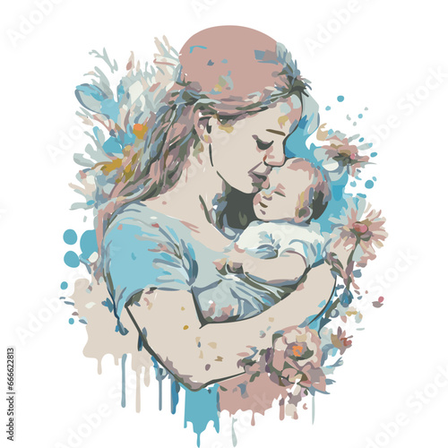 abstract illustration. mother hugs her baby against a background of flowers, blots and splashes. Concept of love, affection and care.