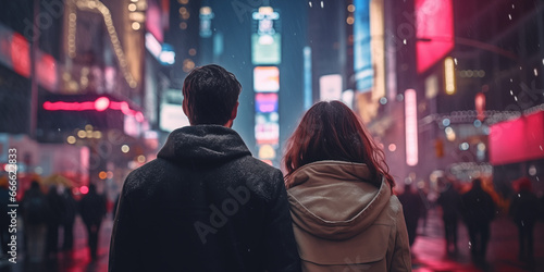 Rear view of young couple walking the streets of city on New Years, new year holiday, copy space, generative ai