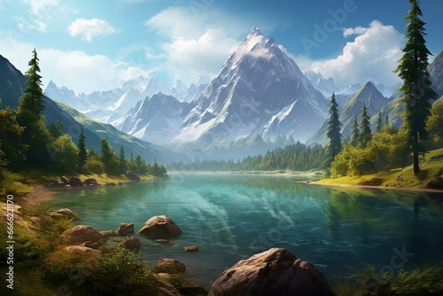 Enchanting scenery with serene lakes, verdant forests, and majestic mountains. Generative AI