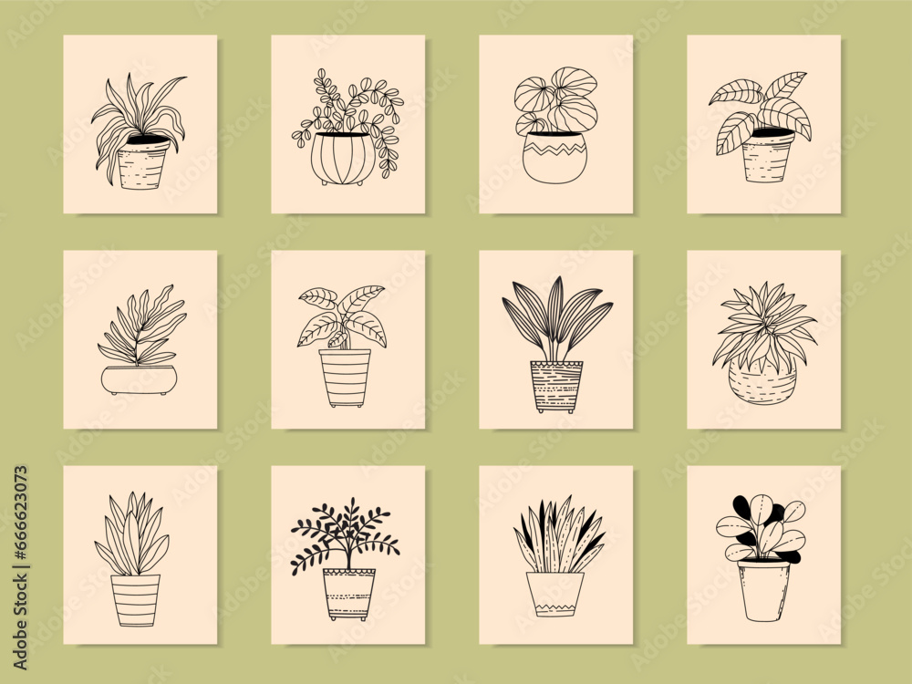 Set of home plants in flower pot vector illustration. Houseplats isolated with line drawing minimalist. Set of home plants in flower pot vector illustration. Houseplats isolated with line drawing minimalist.