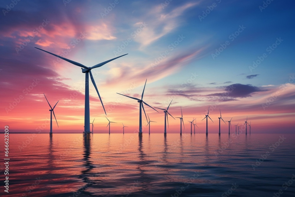 Offshore wind turbines at dusk, representing sustainable power. Generative AI