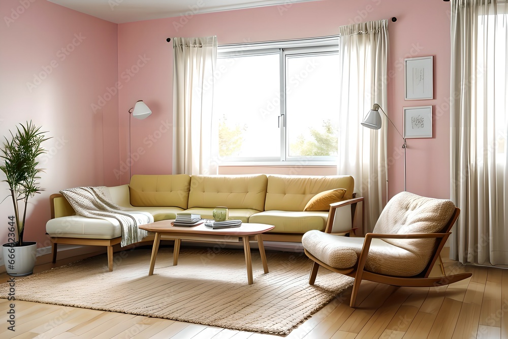 Fototapeta premium 6. Simple living room and brightly colored sofa interior with a light pink color concept. 