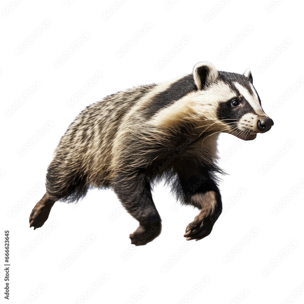 Fototapeta premium a Badger (Taxidae taxus) in motion, 3/4 view in an isolated and transparent PNG in a Nature-themed, photorealistic illustration. Generative ai