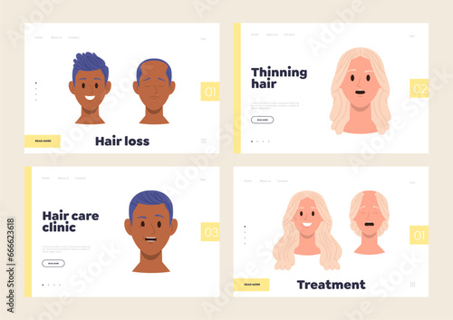 Isolated set of landing page design template advertising successful therapy of male female alopecia