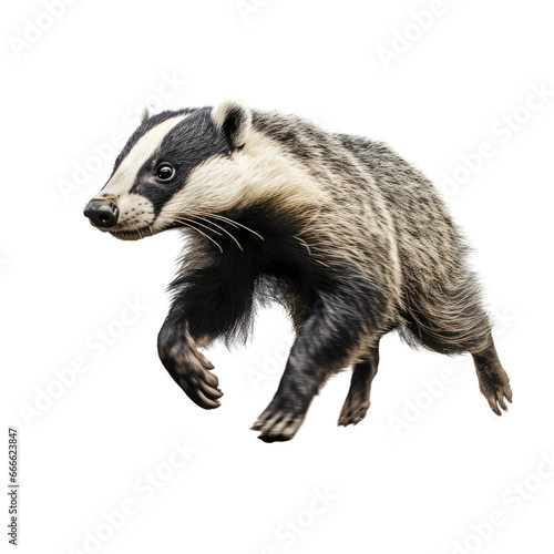 a Badger (Taxidae taxus) in motion, 3/4 view in an isolated and transparent PNG in a Nature-themed, photorealistic illustration. Generative ai