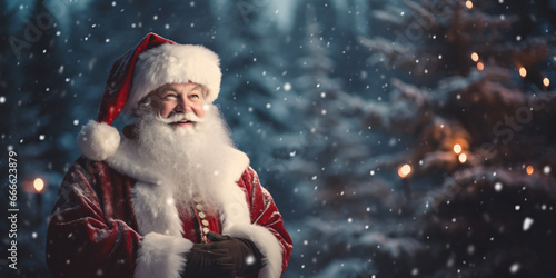 santa under the snow with bokeh effect, winter, snow, gifts, christmas, background © RemsH