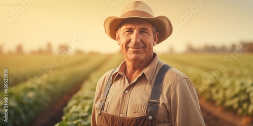 Senior experienced farmer standing in soybean field examining crop at sunset  generative ai