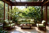 16. Green trees, windows, walls, green sofas and furniture make you feel like you're in the garden, an eco-friendly living room interior. Generative AI