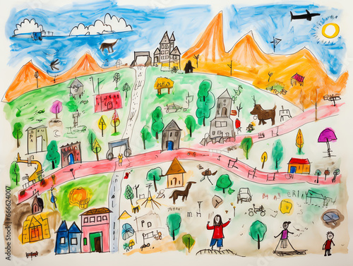 Kinderzeichnung einer Stadt mit Häusern und Straße