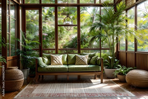 9. Green trees  windows  walls  green sofas and furniture make you feel like you re in the garden  an eco-friendly living room interior. Generative AI
