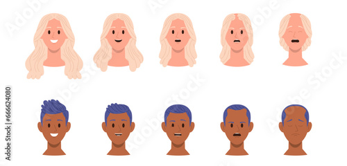 Woman and man cartoon characters hair loss problem, stage of baldness female male head icon set