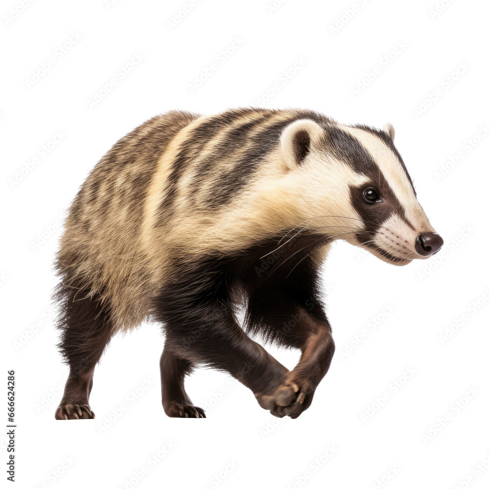 a Badger (Taxidae taxus) in motion, 3/4 view in an isolated and transparent PNG in a Nature-themed, photorealistic illustration. Generative ai a Badger (Taxidae taxus) in motion, 3/4 view in an isolated and transparent PNG in a Nature-themed, photorealistic illustration. Generative ai