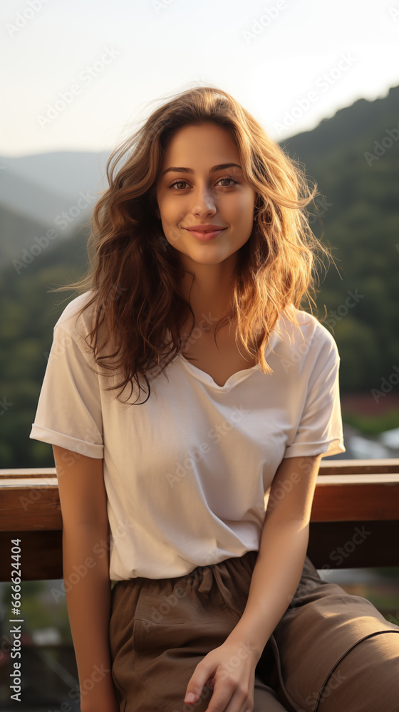 9:16 Portrait of a beautiful European woman travel the lake and valley.generative ai