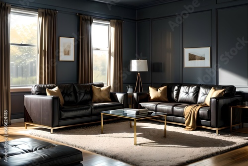 2. Modern living room design interiors in urban apartments. Sofa, furniture and masculine image. Generative AI