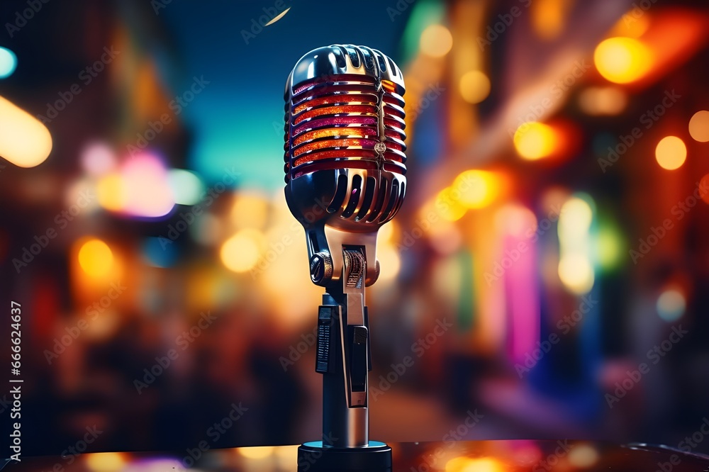 Retro microphone on stage with bokeh background. Music concept - obrazy, fototapety, plakaty 