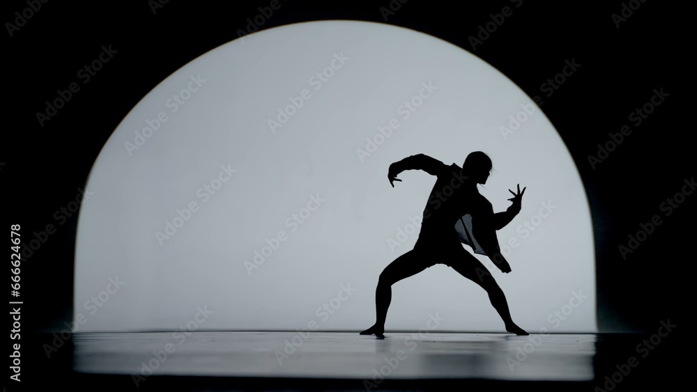 Contrasting silhouette of a young woman performing contemporary dance in the studio. Female figure dancing under a spotlight. Full size. Contrasting silhouette of a young woman performing contemporary dance in the studio. Female figure dancing under a spotlight. Full size.