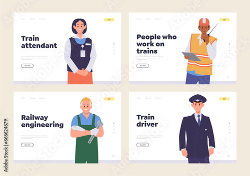 Train worker staff, professional people occupation at railroad landing age design template set