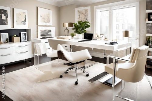 Home office space that is ivory. Modern leatherette desk chair and acrylic accent chairs