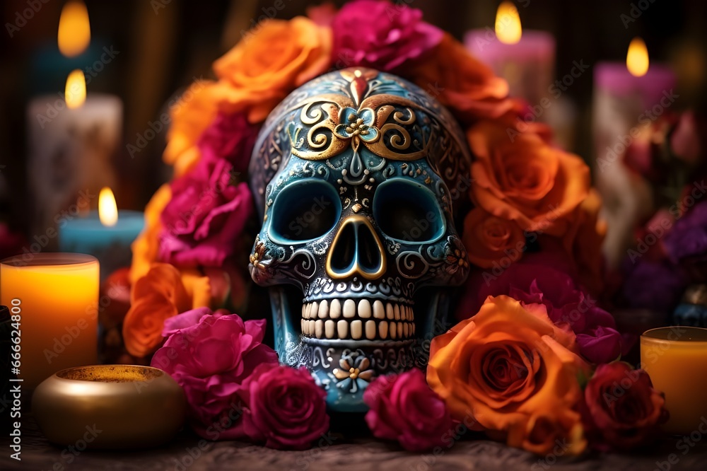 Day of The Dead sugar skull with flowers and candles on dark background Day of The Dead sugar skull with flowers and candles on dark background